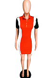 Euramerican Women Lapel Neco Zipper Spliced Casual Dress YMT6030