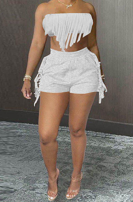 Pure Color Chest Wrap Tassel Fashion Sexy Backless Shorts Sets PY809