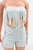Pure Color Chest Wrap Tassel Fashion Sexy Backless Shorts Sets PY809