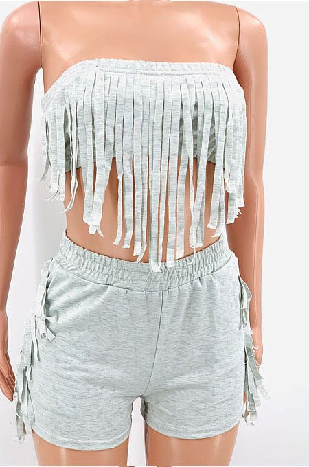 Pure Color Chest Wrap Tassel Fashion Sexy Backless Shorts Sets PY809