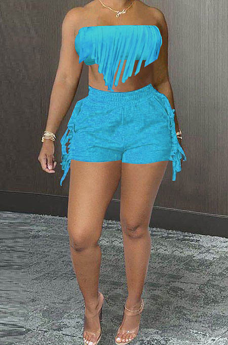 Pure Color Chest Wrap Tassel Fashion Sexy Backless Shorts Sets PY809