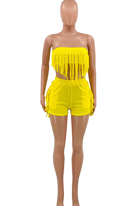 Pure Color Chest Wrap Tassel Fashion Sexy Backless Shorts Sets PY809