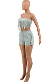 Pure Color Chest Wrap Tassel Fashion Sexy Backless Shorts Sets PY809