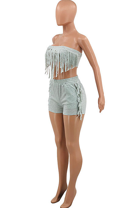 Pure Color Chest Wrap Tassel Fashion Sexy Backless Shorts Sets PY809