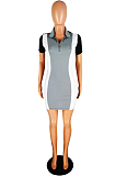 Euramerican Women Lapel Neco Zipper Spliced Casual Dress YMT6030