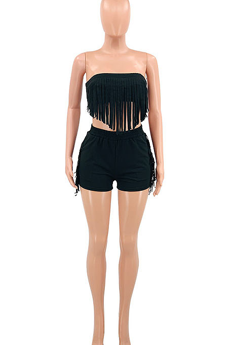 Pure Color Chest Wrap Tassel Fashion Sexy Backless Shorts Sets PY809