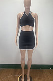 Black Women Sleeveless Halter Neck Ruffle Sport Skirts Sets AMM8361-3