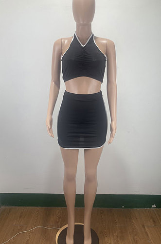 Black Women Sleeveless Halter Neck Ruffle Sport Skirts Sets AMM8361-3