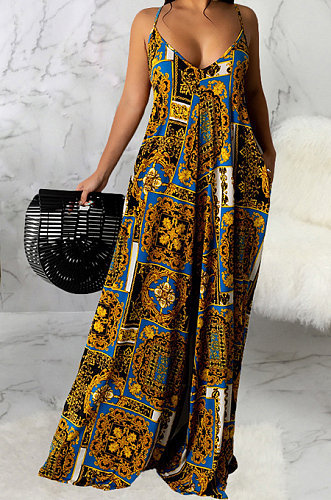 Euramerican Sexy Loose V Neck Sling Printing Long Dress SMR10300
