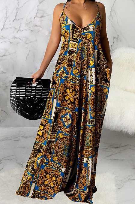 Euramerican Sexy Loose V Neck Sling Printing Long Dress SMR10300