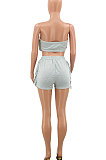 Pure Color Chest Wrap Tassel Fashion Sexy Backless Shorts Sets PY809