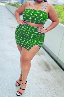 Green Stripe Condole Belt Vest Open Frok Skirts Sets CYC793-2