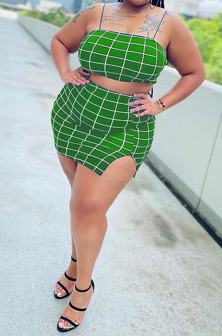 Green Stripe Condole Belt Vest Open Frok Skirts Sets CYC793-2