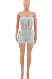 Pure Color Chest Wrap Tassel Fashion Sexy Backless Shorts Sets PY809