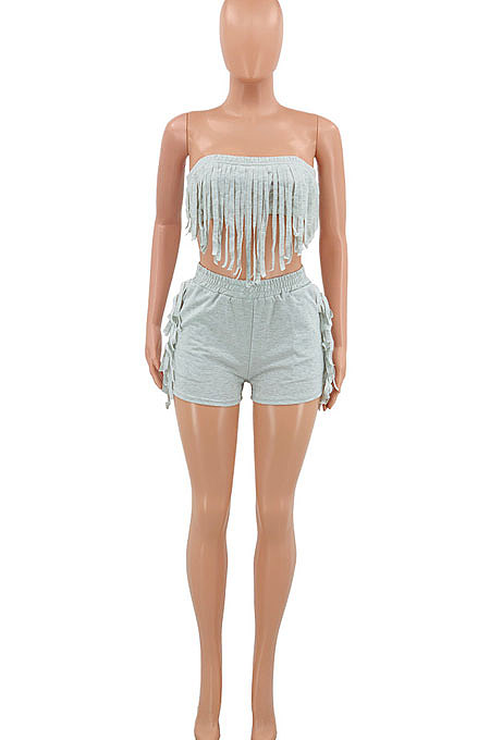 Pure Color Chest Wrap Tassel Fashion Sexy Backless Shorts Sets PY809