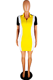 Euramerican Women Lapel Neco Zipper Spliced Casual Dress YMT6030