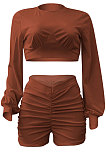 Coffee Women Shirred Detail Autumn Winter Sport Casual Shorts Sets NK253-8