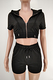 Black Euramerican Pure Color Hoodie T Shirt Shorts Two Piece X9301-6