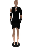 Black Sexy Pure Color Irregularity Tight Night Club Long Sleeve Dress LM1095-1