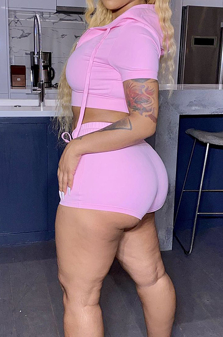 Pink Euramerican Pure Color Hoodie T Shirt Shorts Two Piece X9301-2