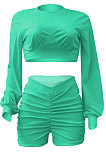 Cyan Women Shirred Detail Autumn Winter Sport Casual Shorts Sets NK253-11