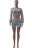 Gray Women Shirred Detail Autumn Winter Sport Casual Shorts Sets NK253-6