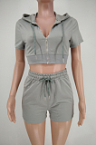 Grey Euramerican Pure Color Hoodie T Shirt Shorts Two Piece X9301-5