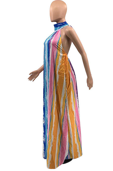 Euramerican Women Halter Neck Backless Loose Printing Long Dress KKY8034