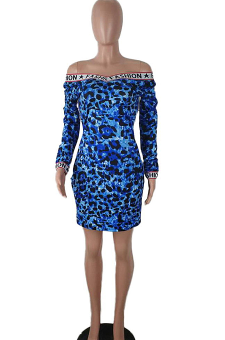 Blue Leopard Print Sexy Screw Thread Long Sleeve Dress LSZ9011-3
