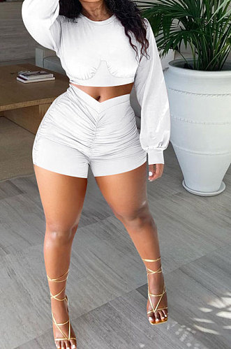 White Women Shirred Detail Autumn Winter Sport Casual Shorts Sets NK253-2
