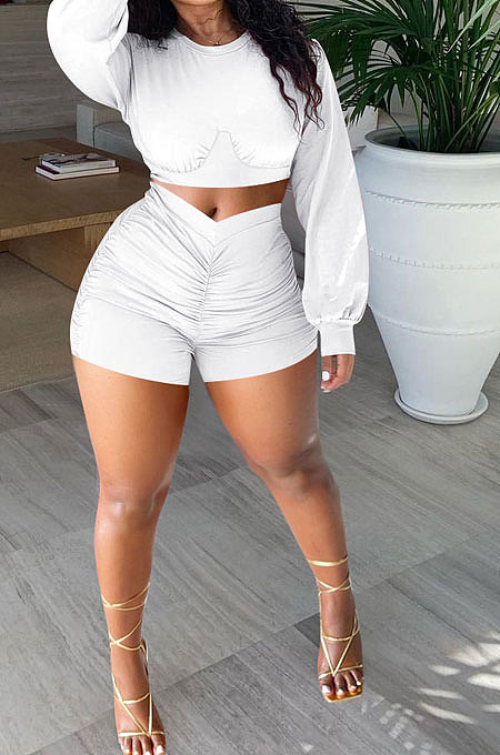 White Women Shirred Detail Autumn Winter Sport Casual Shorts Sets NK253-2