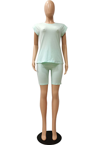 Light Blue Casual Pure Color Sleeveless Shoulder pads T Shirt Shorts Sets CM2142-3
