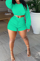 Cyan Women Shirred Detail Autumn Winter Sport Casual Shorts Sets NK253-11