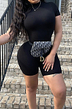 Black Euramerican Women Pure Color Round Neck Short Bodycon Jumpsuits KK8265-1