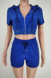 Blue Euramerican Pure Color Hoodie T Shirt Shorts Two Piece X9301-7