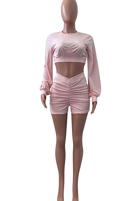 Pink Women Shirred Detail Autumn Winter Sport Casual Shorts Sets NK253-1