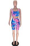 Blue Fashion Casual Tie Dye Hurnt Flower Vest Shorts Two Piece LL6330-2