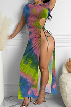 Blue Green Fashion Tie Dye Irregularity Sexy Long Dress LM1093-2