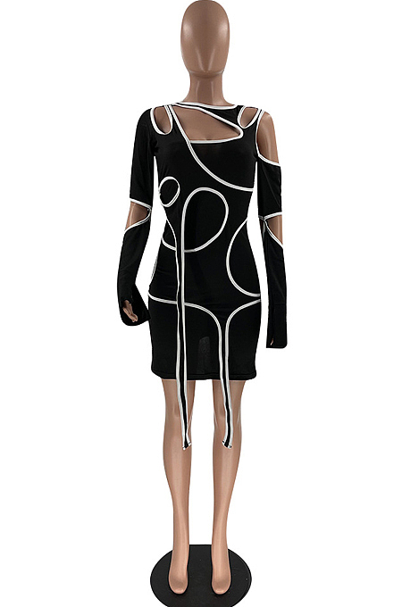 Black Sexy Pure Color Irregularity Tight Night Club Long Sleeve Dress LM1095-1