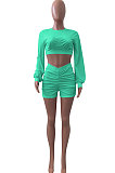Cyan Women Shirred Detail Autumn Winter Sport Casual Shorts Sets NK253-11