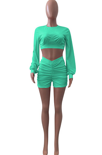 Cyan Women Shirred Detail Autumn Winter Sport Casual Shorts Sets NK253-11