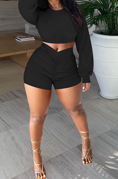 Black Women Shirred Detail Autumn Winter Sport Casual Shorts Sets NK253-7