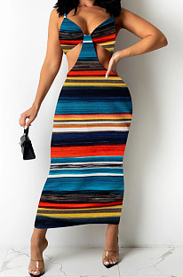 Red Screw Thread Stripe Condole Belt Long Dress FA7240