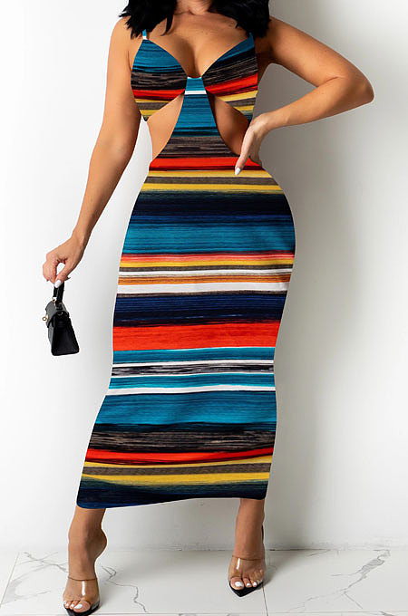 Red Screw Thread Stripe Condole Belt Long Dress FA7240