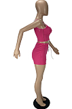 Rose Red Fashion Pure Color Vest Hollow Out Bind Shorts Two Piece LL6328-2