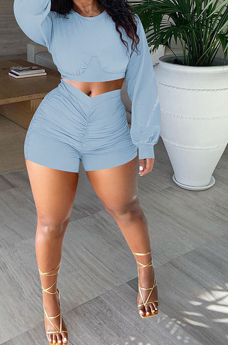 Blue Gray Women Shirred Detail Autumn Winter Sport Casual Shorts Sets NK253-9