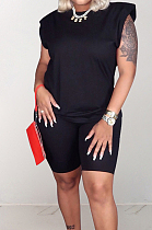 Black Casual Pure Color Sleeveless Shoulder pads T Shirt Shorts Sets CM2142-2