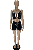Black Fashion Pure Color Vest Hollow Out Bind Shorts Two Piece LL6328-1