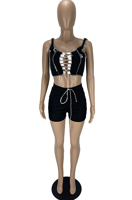 Black Fashion Pure Color Vest Hollow Out Bind Shorts Two Piece LL6328-1