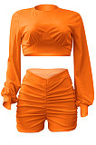 Orange Women Shirred Detail Autumn Winter Sport Casual Shorts Sets NK253-4